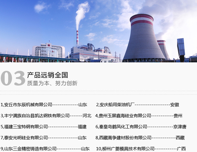 1,安丘市东辰机械有限公司--------------山东       2,安庆船用柴油机厂-------------------安徽
3,丰宁满族自治县凯达钢铁有限公司-------河北   4,贵州玉屏鑫海硅业有限公司------------贵州
5,福建三宝特钢有限公司----------------福建       6,秦皇岛鹤凤化工有限公司--------------京津唐
7,泰安光明硅业有限公司----------------山东       8,西藏高争建材股份有限公司-------------西藏
9,山东三金精密铸造有限公司-------------山东     10,柳州广菱模具技术有限公司------------广西